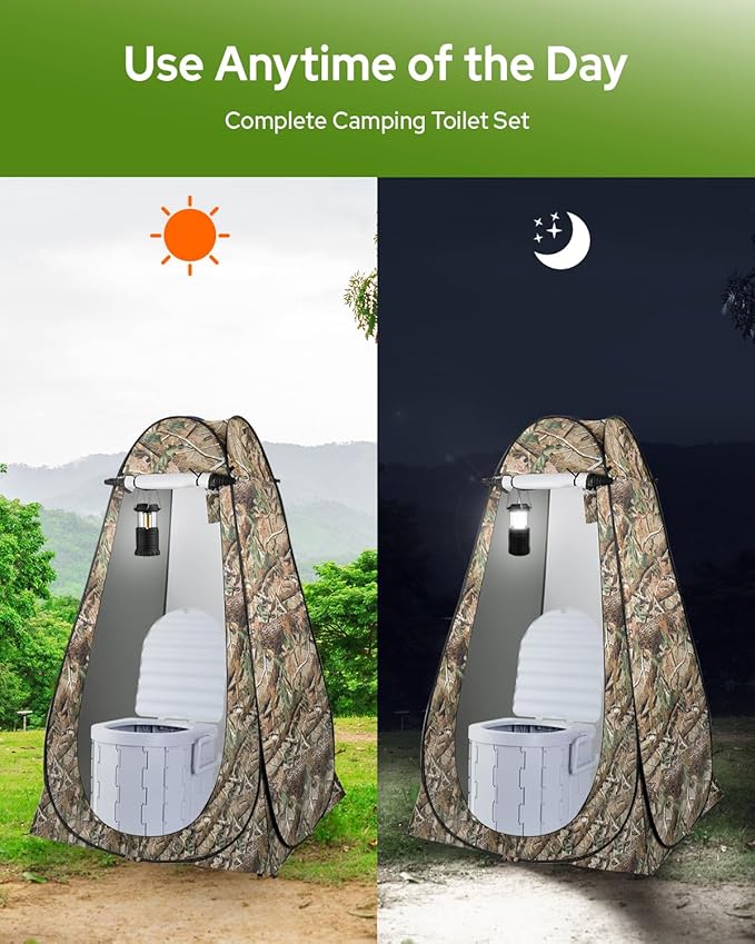 Portable Toilet Kit, Camping Toilet with Pop-Up Privacy Tent and Poo Gel Toilet Bags, Washable Portable Outdoor Showers Changing Rooms