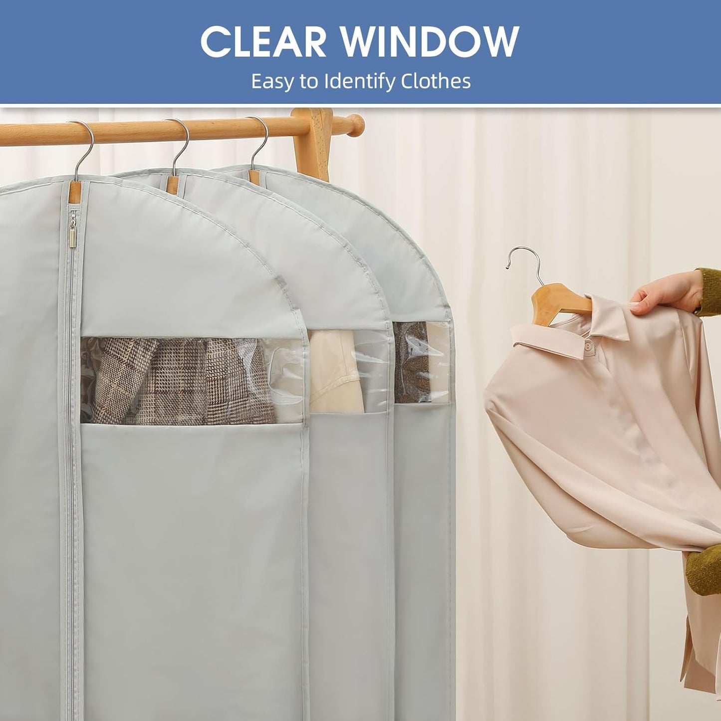43" Garment Bags for Hanging Clothes, Suit Bags for Closet Storage and Travel, Grey Suit Cover Bags with Clear Window for Coats, Jackets, Shirts (5 Packs)