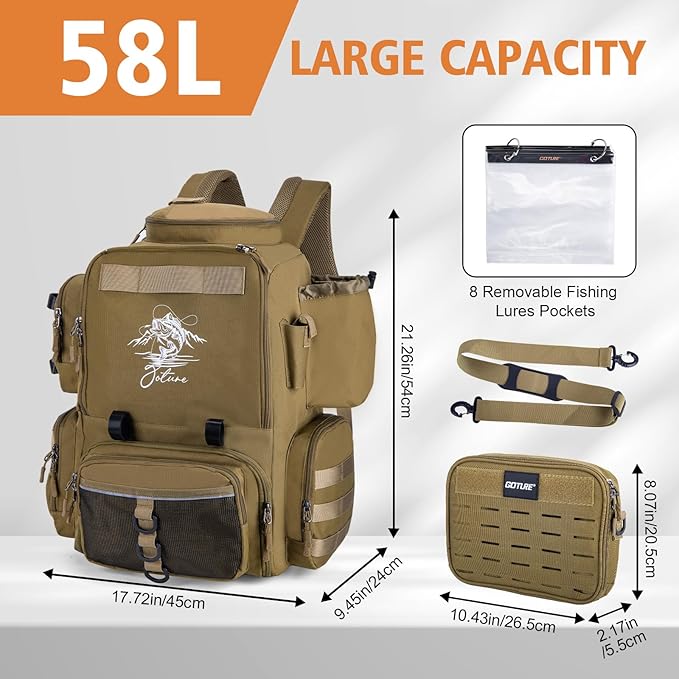 Goture Fishing Backpack, 58L 900D Water-Resistant Insulated Tackle Backpack with Cooler, Rod Holders, 8 Lure Pockets, Detachable Crossbody Bag, Gear Storage Large Fishing Bag for Camping Hiking