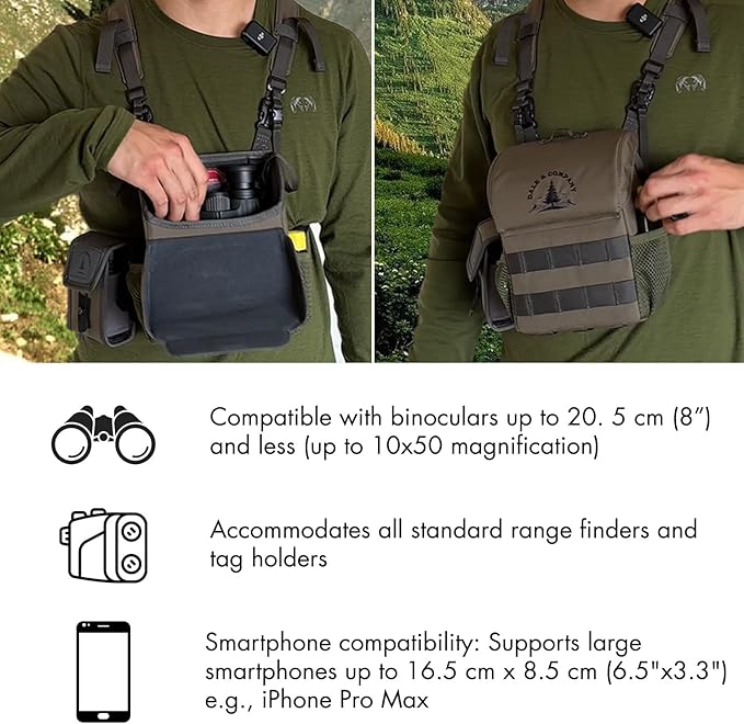 Dale & Company Binocular Harness for Hunting – Bino Harness System with Rangefinder Pouch & Phone Holder – Magnetic Cordura Chest Pack – Fits 10x42–12x50 – Recon Pro Backcountry Hunting Gear
