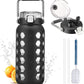 MUKOKO 64oz Glass Water Bottles with Straw and Lid,Half Gallon Water Bottle with Time Marker,Large Glass Water Jug with Silicone Sleeve and Stainless Steel Handle-Black
