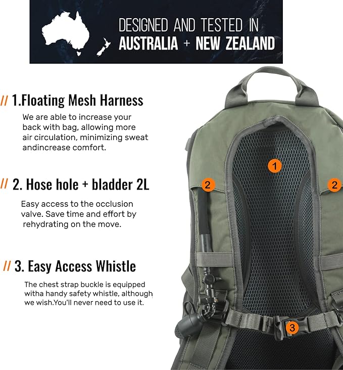 SPIKA Hunting Backpacks for Men, 25L Green Hunting Day Pack with Water Bladder, Removable Waist Belt, Rifle Holder, Internal Ammo Storage and Rain Cover