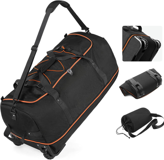 Vomgomfom 32" Soft-Sided Foldable Wheeled Travel Duffel Bag,Expandable 110L to 140L Rolling Cargo Bag with 2 Wheels and Multiple Pockets,Black-orange - Roamly