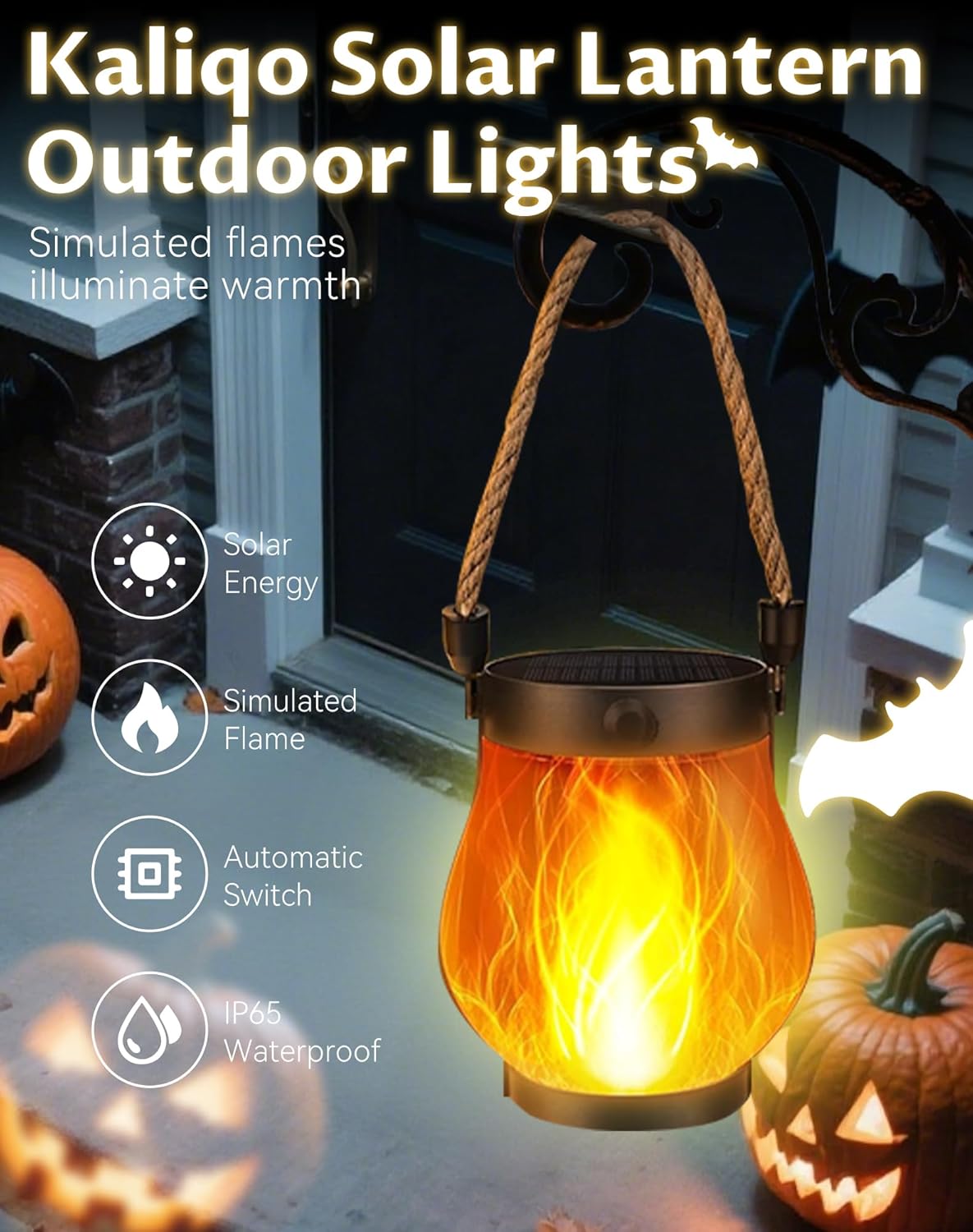 Kaliqo Solar Lantern Outdoor Lights - Official, Waterproof Kaliqo Solar Flame Lights Hangable with Dancing Flame, Hemp Rope Hanging Flame Lanterns,Dual Charging Modes, Smokeless (4 Pack)