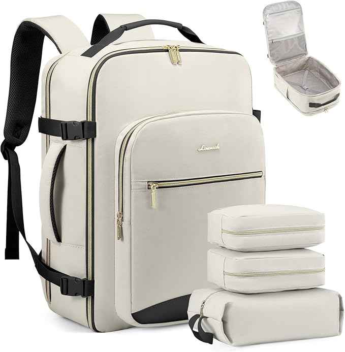 LOVEVOOK Travel Backpack for Women & Men 40L,Airline Approved Carry On Backpack Travel Essentials,TSA Carry on Luggage,Waterproof Personal Item Travel Bag,Suitcase with 3 Packing Cubes,Beige-Black