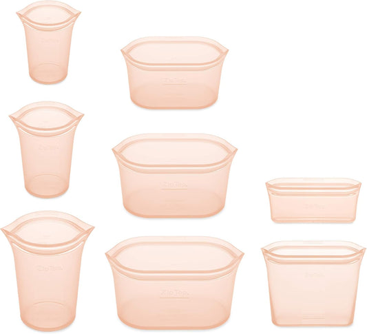 Zip Top Reusable Food Storage Bags | Full Set of 8 [Peach] | Silicone Meal Prep Container | Microwave, Dishwasher and Freezer Safe | Made in the USA