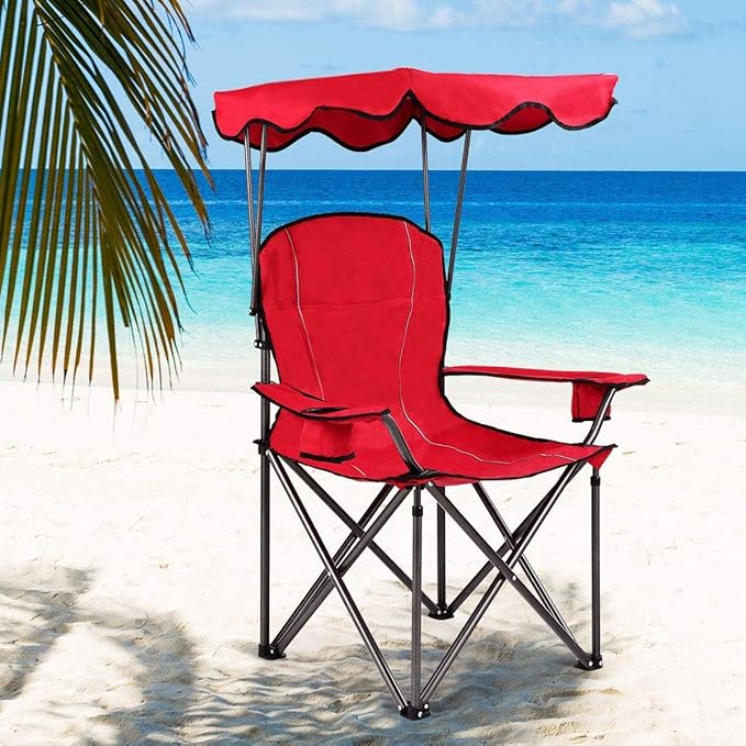 Goplus Camping Chair with Canopy Shade, Folding Lawn Chair with Umbrella Cup Holder & Carry Bag, Portable Sunshade Chair for Adults for Beach Outdoor Travel Hiking Fishing (Red)