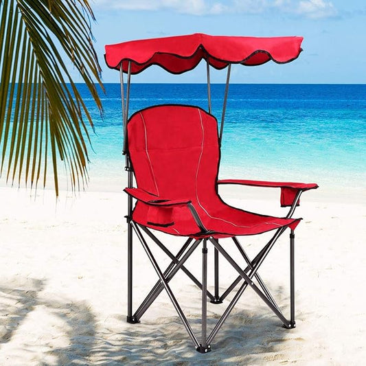 Goplus Camping Chair with Canopy Shade, Folding Lawn Chair with Umbrella Cup Holder & Carry Bag, Portable Sunshade Chair for Adults for Beach Outdoor Travel Hiking Fishing (Red)