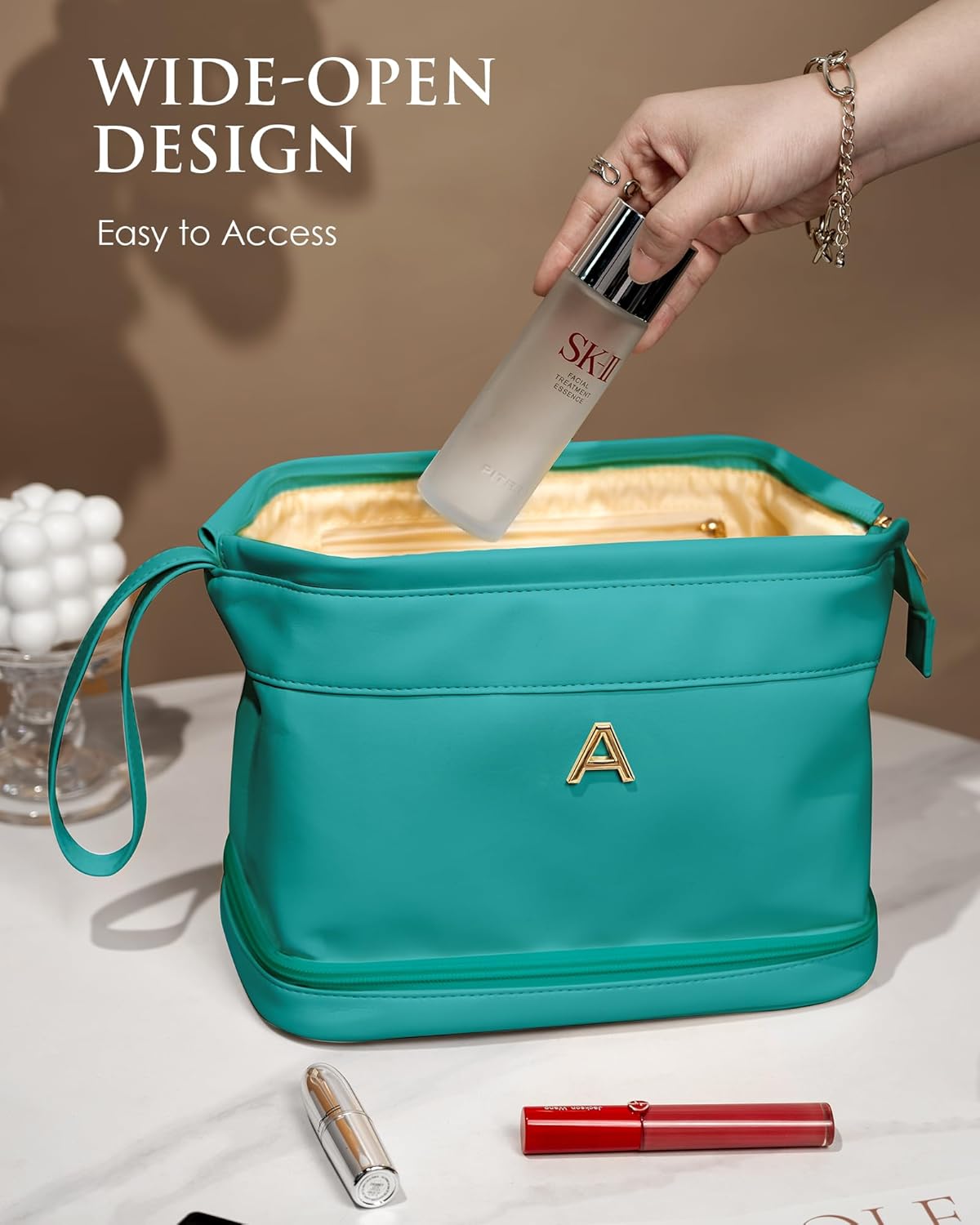 Freshman Gifts, Birthday Gift for Her, Makeup Bags, Waterproof Double Layer Cosmetic Bag, Large Capacity PU Leather Makeup Bags Letter Travel Toiletry Bag, Initial Gifts for Coworkers