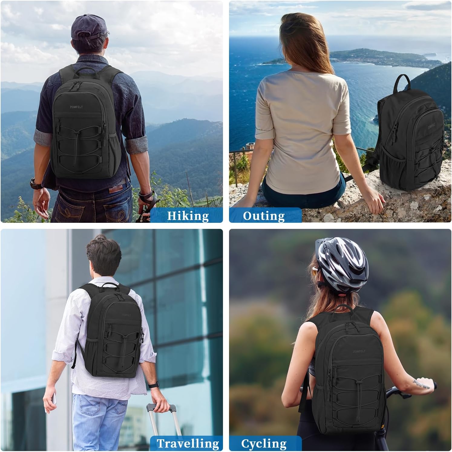 ZOMFELT Hiking Backpack for Women Men, 25L Lightweight Packable Backpacks for Trip, Water Resistant Small Travel Backpack, Foldable daypack for Hiking, Walking, Cycling, Camping, Black - Roamly