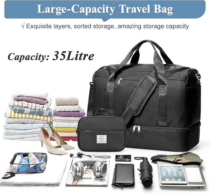 Travel Duffel Bag for Women, Carry-on Overnight Weekender Bags with Wet Pocket & Toiletry Bag, For Spirit Airlines 18x14x8 Personal Item Bag,Small,Black