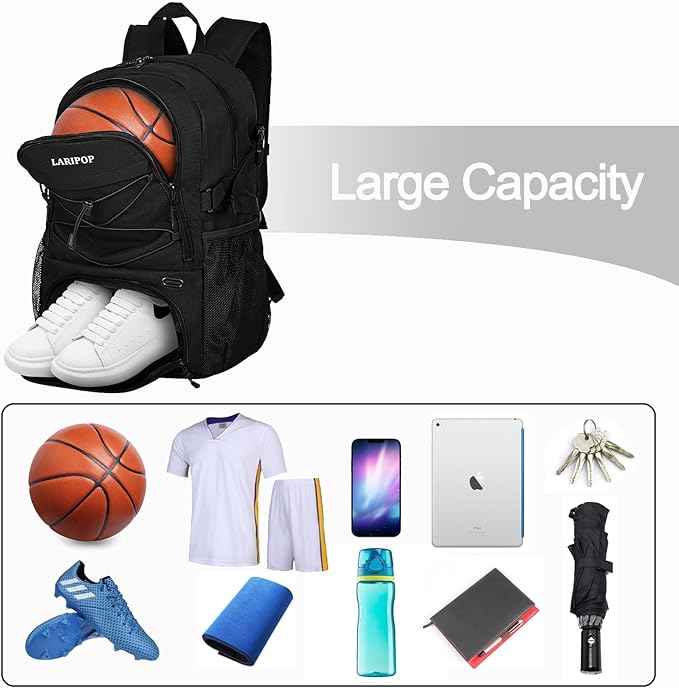 LARIPOP Basketball Bag, Sports Backpack with Ball Holder & Shoe Compartment, Water Resistant Gym Bag for Soccer Volleyball Travel