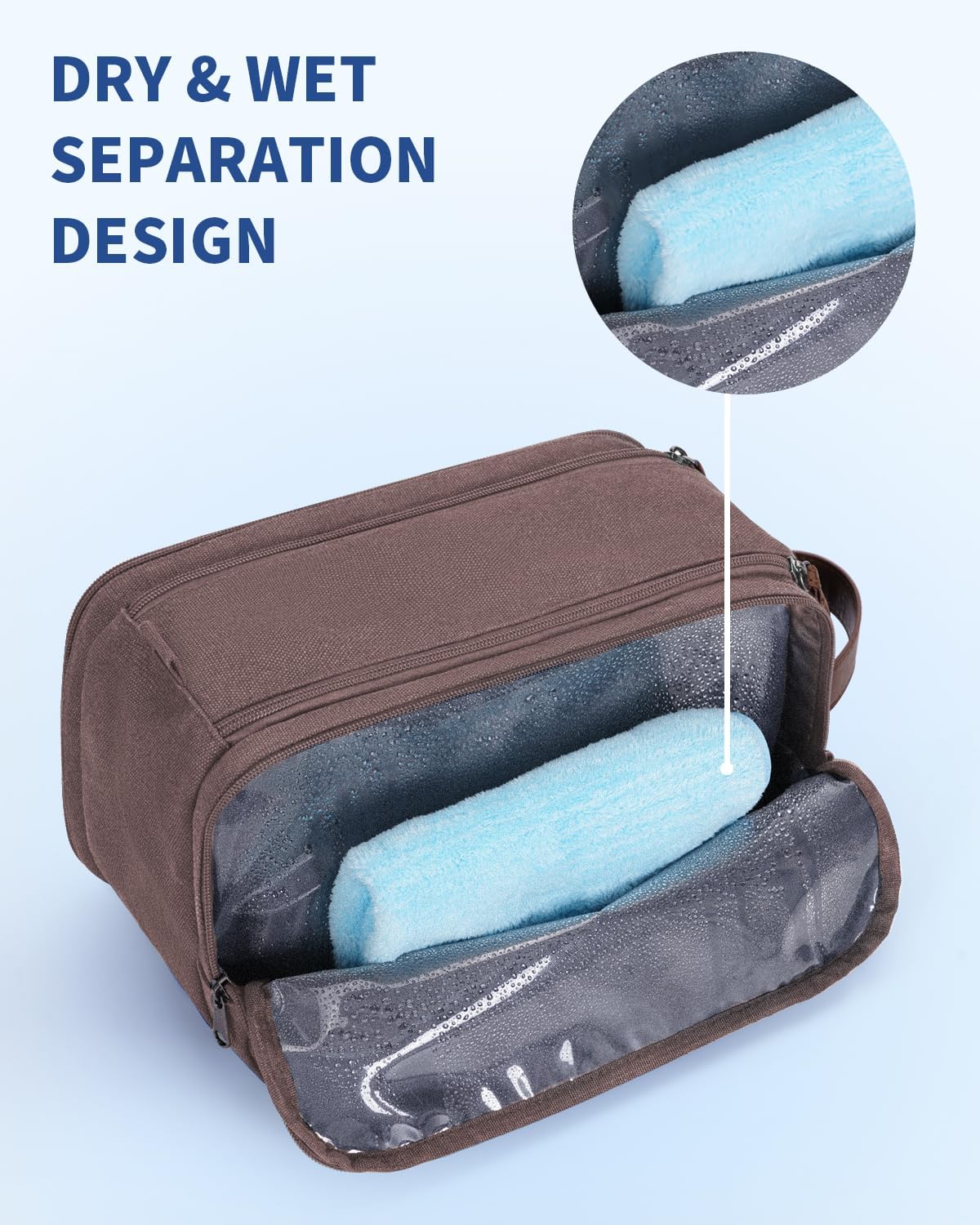 WANDF Toiletry Bag for Men Travel Toiletry Organizer Canvas and Leather Dopp Kit Water-Resistant Shaving Bag for Travel Accessories (Brown, Large) - Roamly