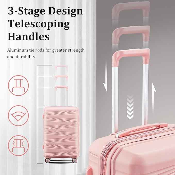 4 Piece Expandable Hardshell Pink Luggage Sets with Spinner Wheels, Lightweight Travel Suitcase Set with TSA Locks, 20 inch Carry On for Women (Pink, 4 Piece Set)