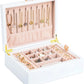 Small Jewelry Organizer for Women, 2-Layer Travel Jewelry Box with Portable Case, Necklace Ring Storage for Dresser, Girls Teens Gifts (White)