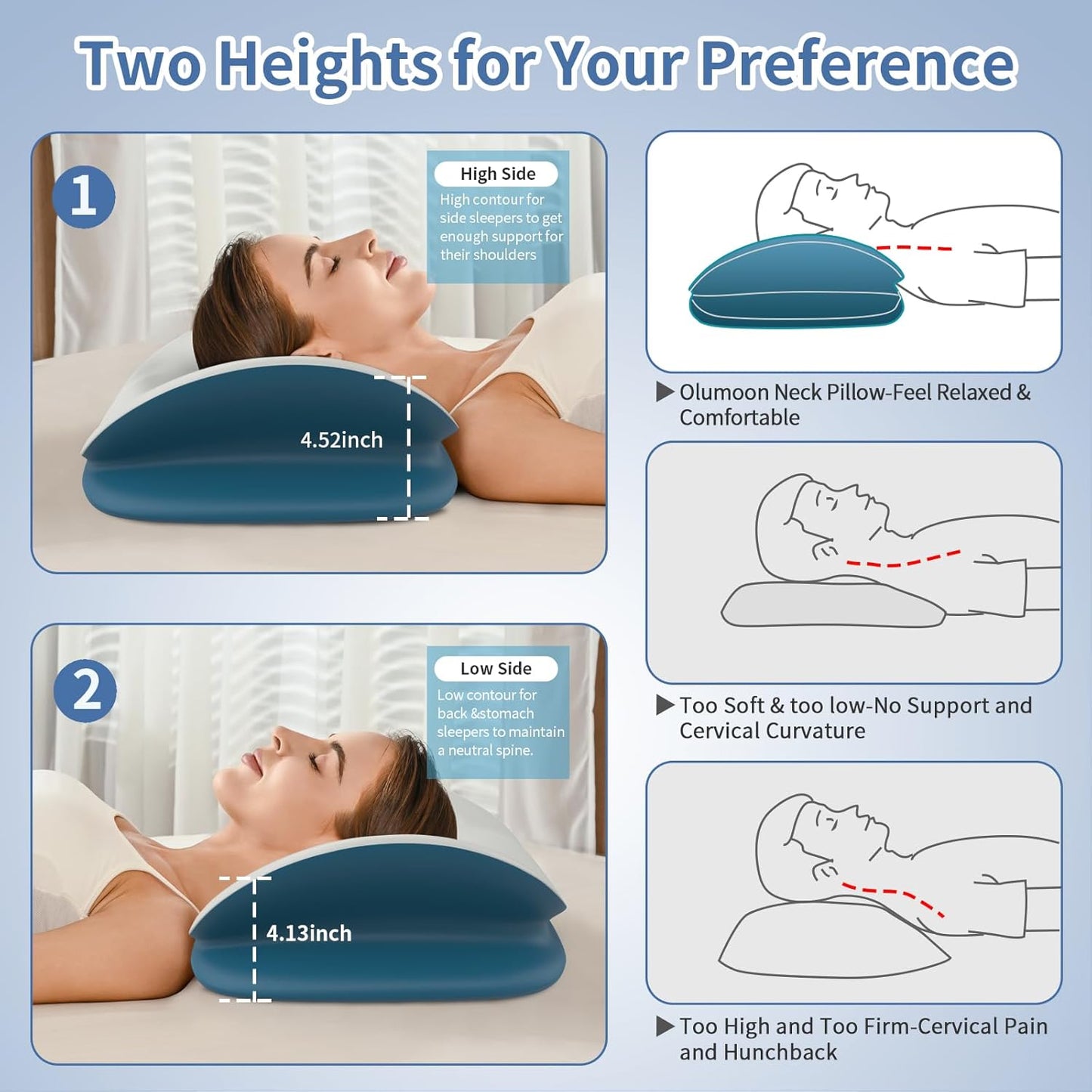 Cervical Neck Pillow for Pain Relief - Ergonomic Memory Foam Contour Pillows for Side, Back & Stomach Sleepers, Cervical Pillow for Neck Support Sleeping with Breathable Cover