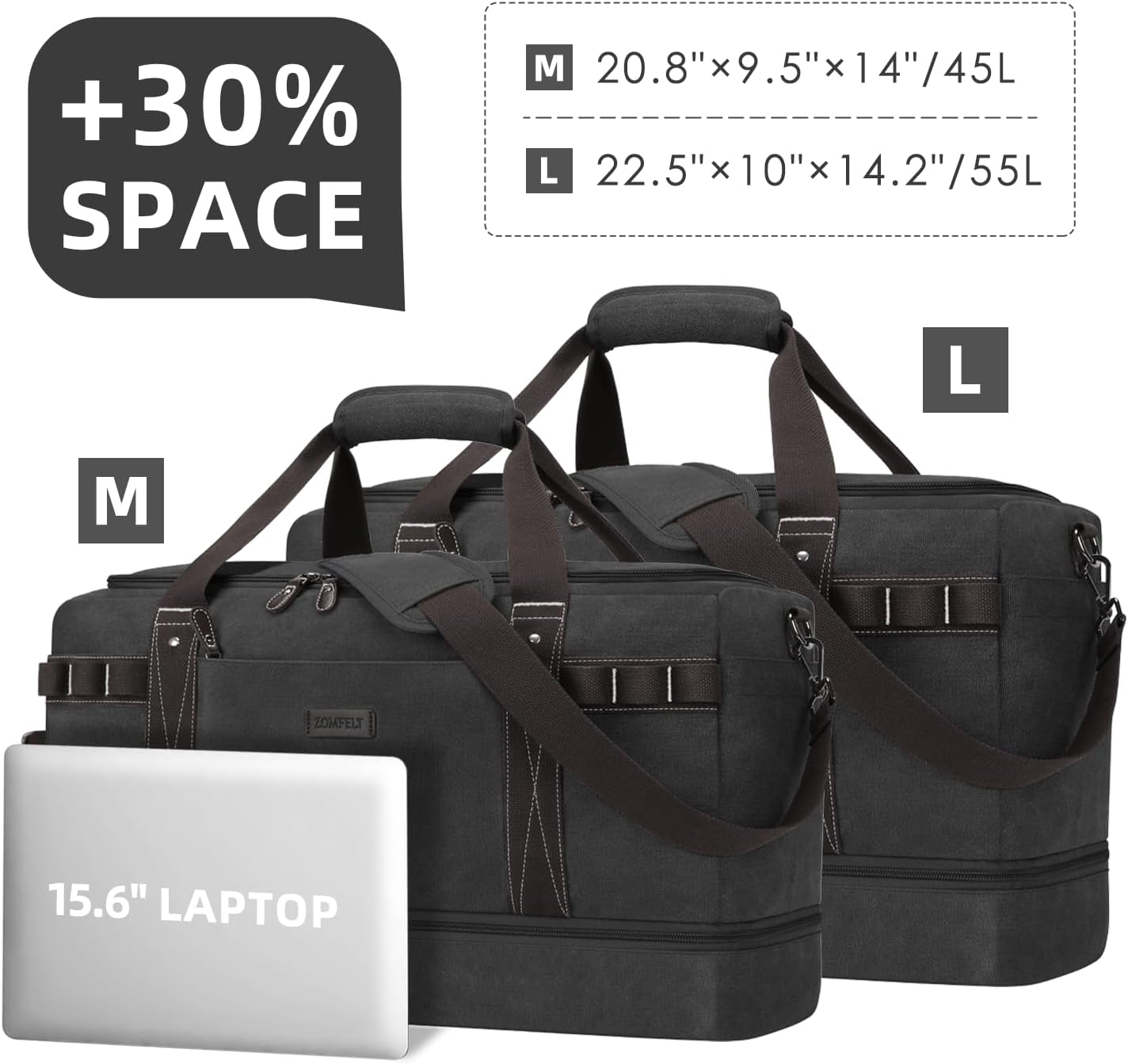 ZOMFELT Travel Duffle Bag for Men, Waterproof Canvas Overnight Duffel Bag with Removable Dividers & Shoe Compartment, Carry On Weekender Gym bag, Multi-Pocket & Vintage Design (Washed Black) - Roamly
