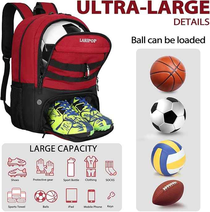 LARIPOP Soccer Backpack Soccer Bag with Ball Holder & Shoe Compartment Youth Sports Equipment Training Bag
