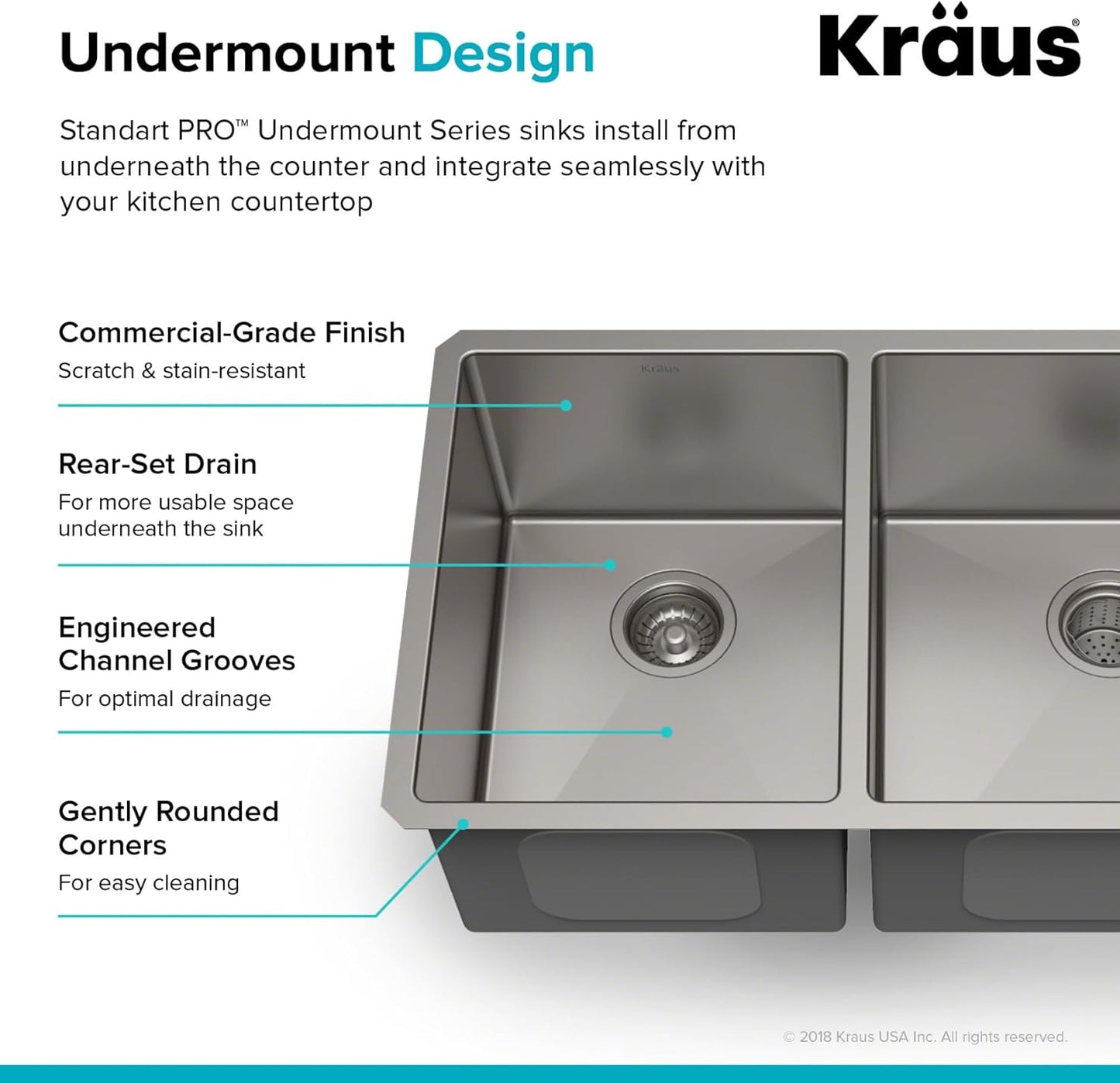 KRAUS Standart Pro 33 -inch Undermount 60/40 Double Bowl 16 Gauge Stainless Steel Kitchen Sink, KHU104-33