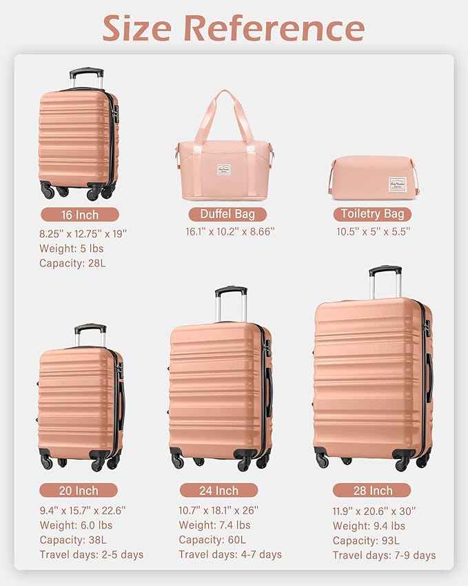 LONG VACATION 6 Piece Luggage Set Carry on Suitcase with ABS+PC hardshell, Spinner Wheels & YKK Zipper TSA Lock (PINK, 6 piece set)