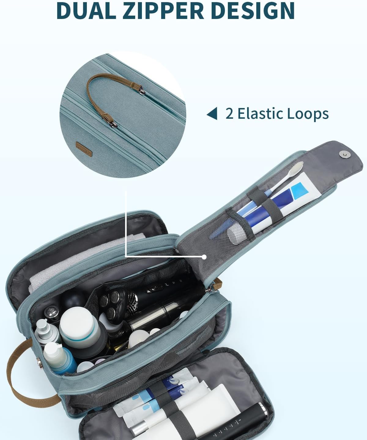 WANDF Toiletry Bag for Men Travel Toiletry Organizer Canvas and Leather Dopp Kit Water-Resistant Shaving Bag for Travel Accessories (Pale Blue, Large) - Roamly