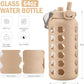 MUKOKO 64oz Glass Water Bottles with Straw and Lid,Half Gallon Water Bottle with Time Marker,Large Glass Water Jug with Silicone Sleeve and Stainless Steel Handle-Amber