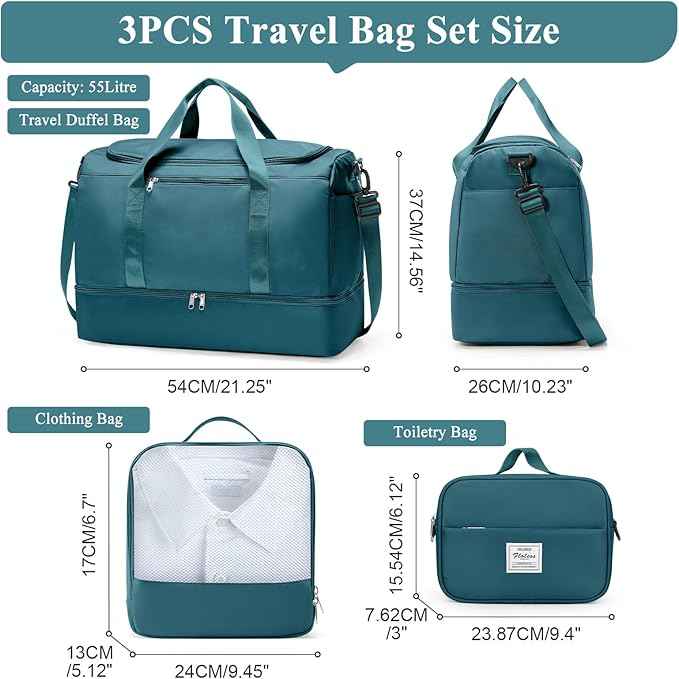 Extra Large Travel Duffle Bag,Carry on Overnight Weekend Bag with Shoes Compartment,Weekender Bags for Women for Travel Business Trips Sport Hospital,3 Pcs Set,Peacock Blue