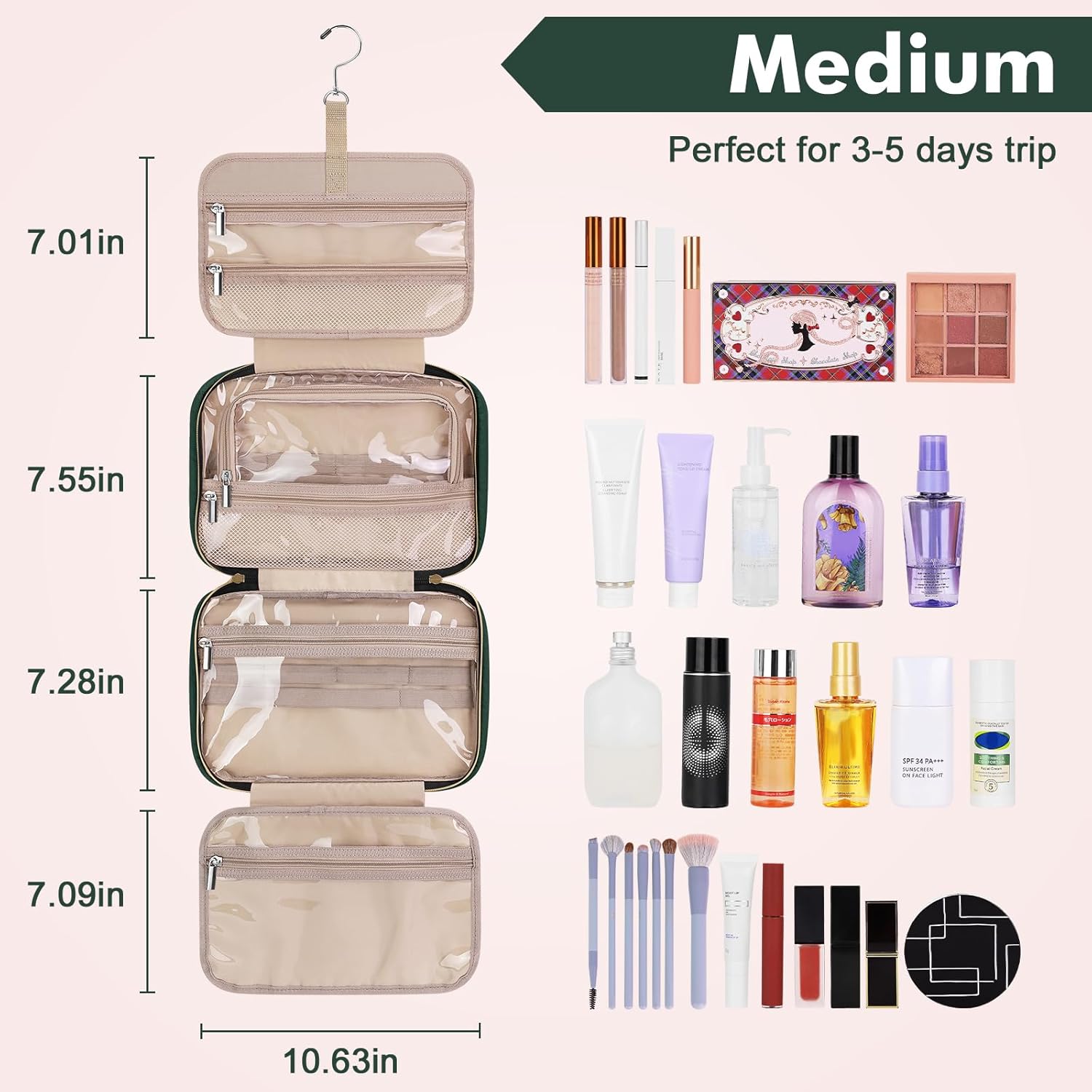Wedama Toiletry Bag for Women, Medium Cosmetic Travel Bag, Hanging Toiletry Bag for Bathroom, Thickened PVC Waterproof Makeup Bag, Toiletries Bag for Travel Business Trips and Camping, Dark Green - Roamly