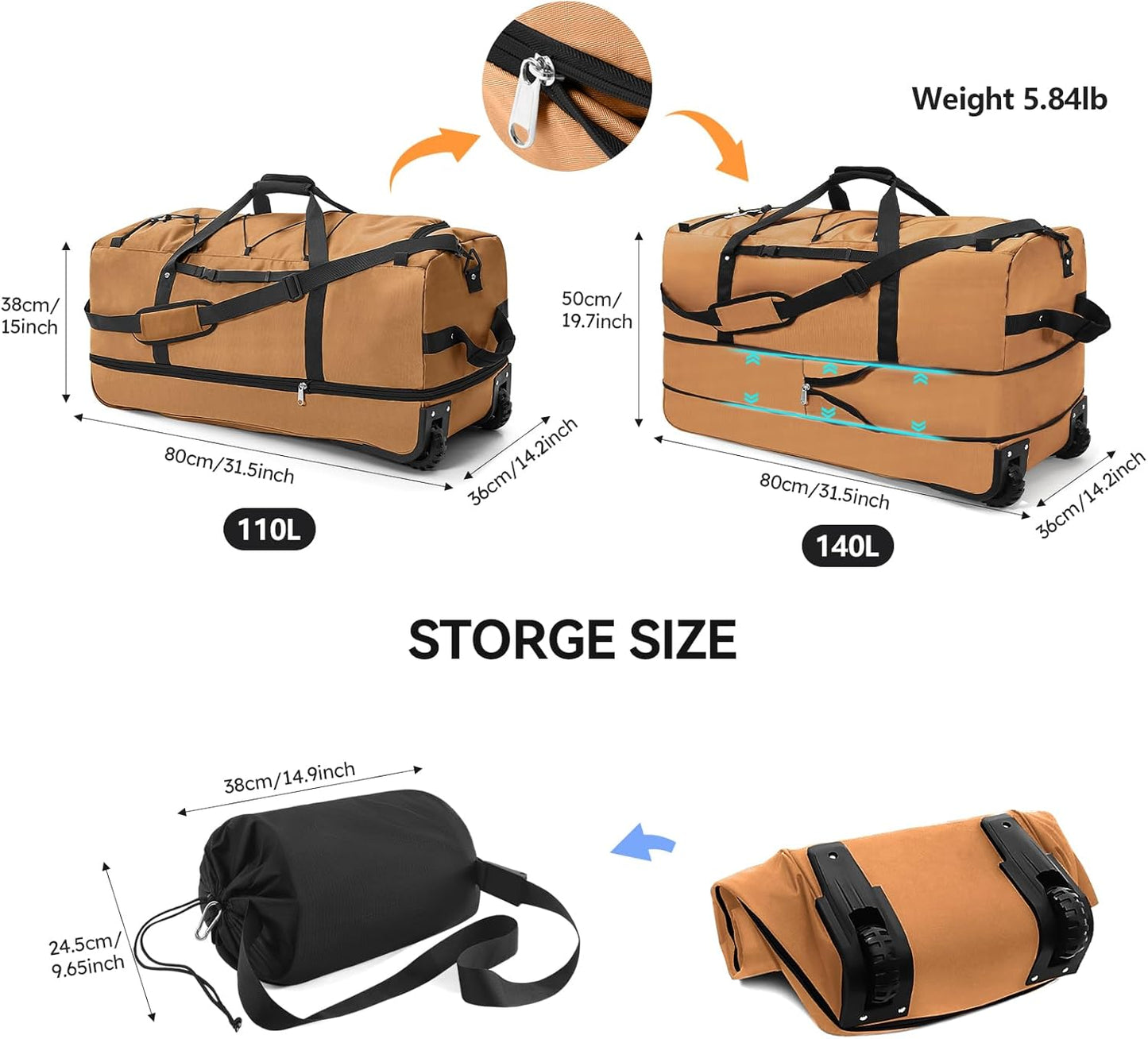 110L/140L Expandable Soft-Sided Foldable Duffle Bag with 2 Rubber Wheels,Packable 32” Rolling Carry-On with Multi-Pockets & Compartments,Coffee - Roamly