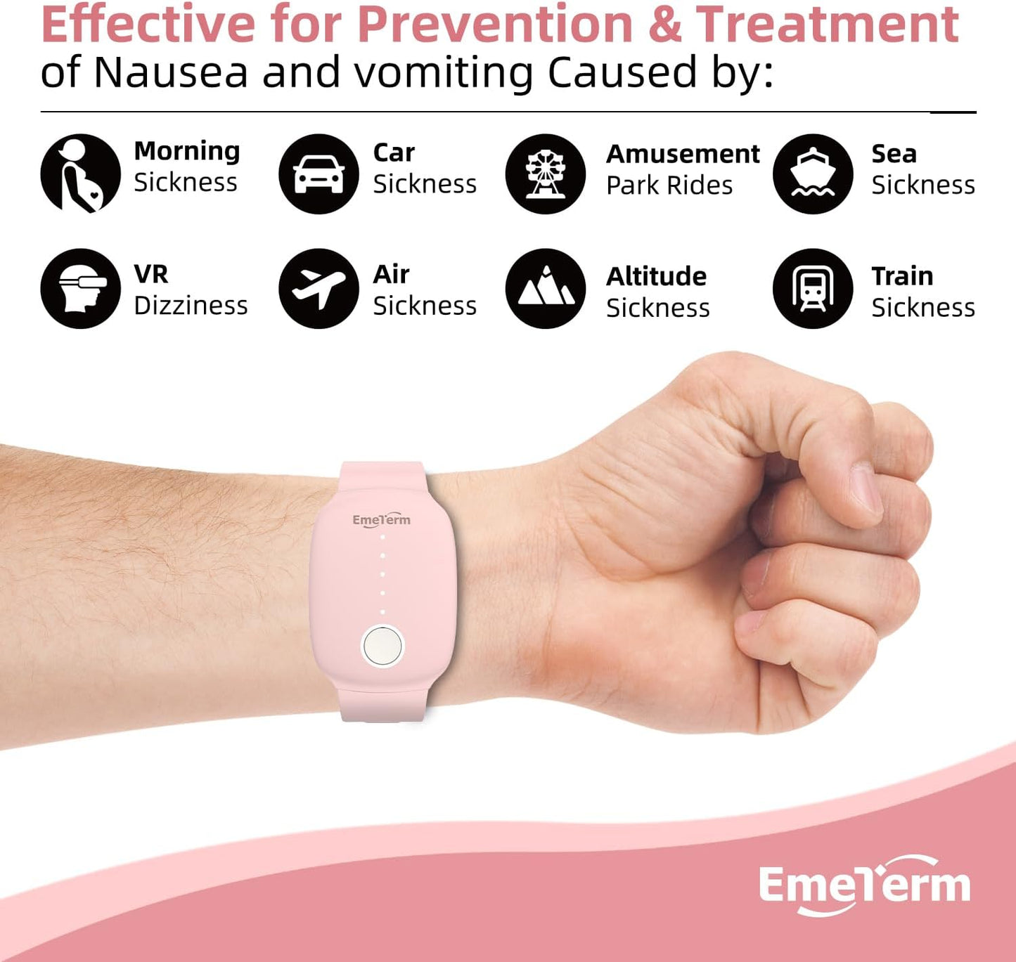 EmeTerm Fashion Pink Anti-Nausea Wristband Relieve Morning Motion Travel Sickness Rechargeable Drug Free Bands Without Side Effects - Extra 2pack Conductive Gel