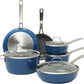Sur La Table Kitchen Essentials Cool Commune Hard Anodized 10 Piece PFA Free Ceramic Non stick Interior Forged Durable Aluminum Pots and Pans Cookware Set - Blue - Induction Compatible