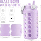 MUKOKO 64oz Glass Water Bottles with Straw and Lid,Half Gallon Water Bottle with Time Marker,Large Glass Water Jug with Silicone Sleeve and Stainless Steel Handle-Purple