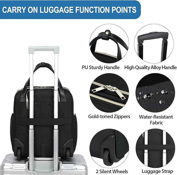 EMPSIGN Underseat Carry On Wheeled - 16" Carry on Bag with Wheels Multi-functional Lightweight Rolling Bag Overnight Weekender Small Suitcase for Women Men Travel Business, Black-Gold Zipper