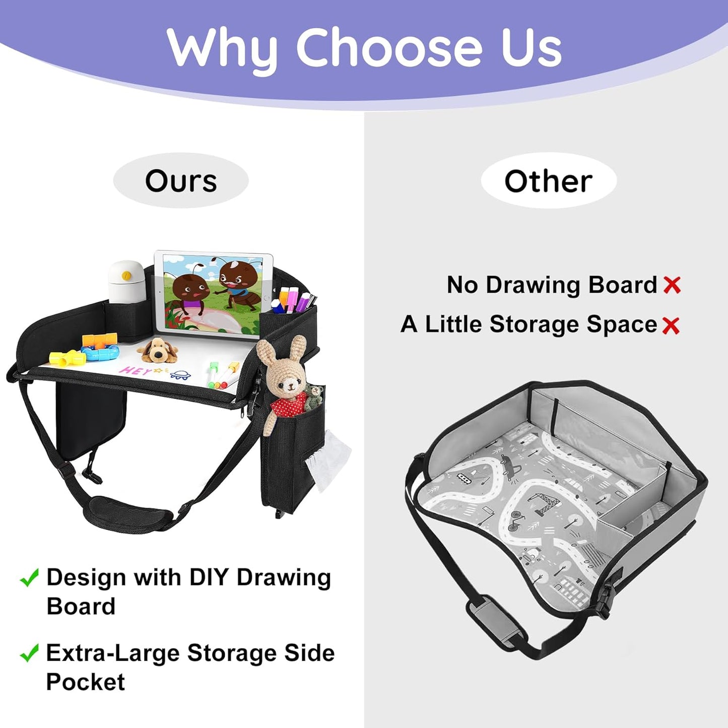 Kids Travel Tray, Kids Travel Trays for Car Seat, Road Trip Essentials for Toddler, Carseat Lap Tray with Dry Erase Board & Storage Organizer for Road Trip Activities for Kid, Black