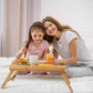 Ruisita 2 Pack Bamboo Bed Tray Table with Folding Legs Breakfast in Bed Tray Snack Food Tray Serving Platters Tray with Handles for Adults Kids Eating Kitchen Bedroom (15.8 x 11 x 6.9 Inch, Natural)
