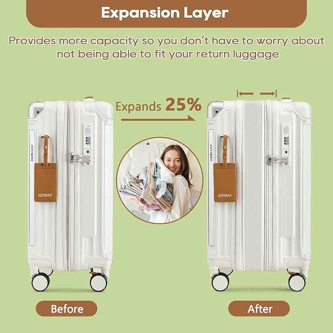 Joyway 20in Carry On Luggage with Cup Holder and USB Port, 25% Expandable Capacity, Smart Suitcase with Anti Slip Wheels and Handbag, Perfect for Men and Women 3 Piece Set White