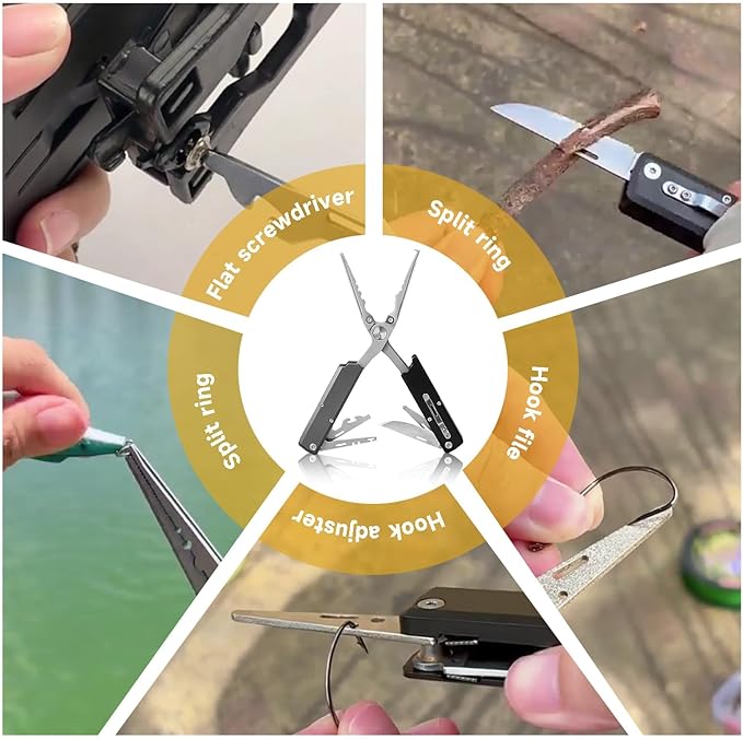 12-in-1 Saltwater Fishing Pliers & EDC Multitool, Titanium Coated Marine-Grade Stainless Steel Folding Pliers, Gifts for Men, Compact Pen-Sized Braid Cutter, Hook Remover & Split Ring fishing gear