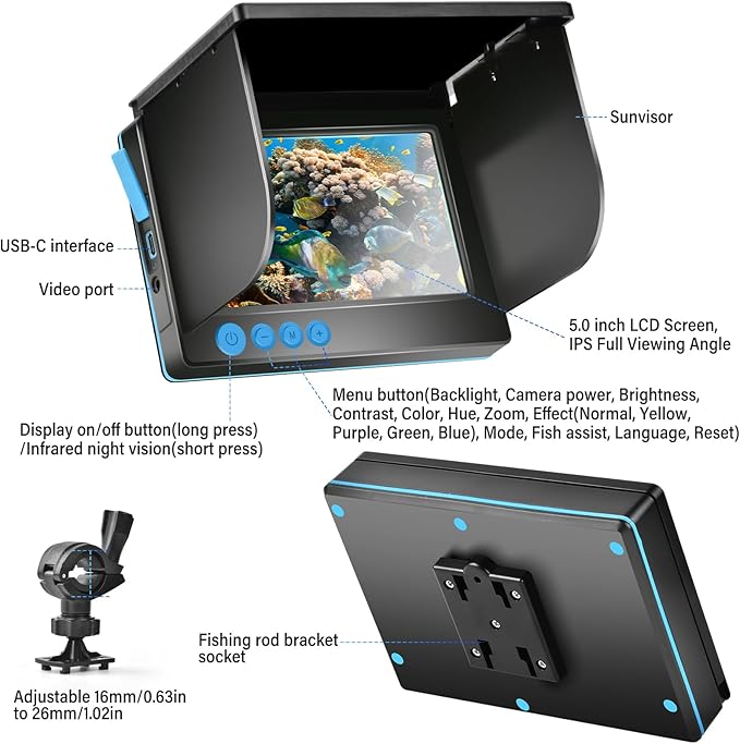 5inch Portable Fish Finder Camera Underwater Fishing Camera, 220° Wide Angle Infrared Night Vision, Host IP65 Waterproof Ice Fishing Camera for Ice, Lake and Boat (A)