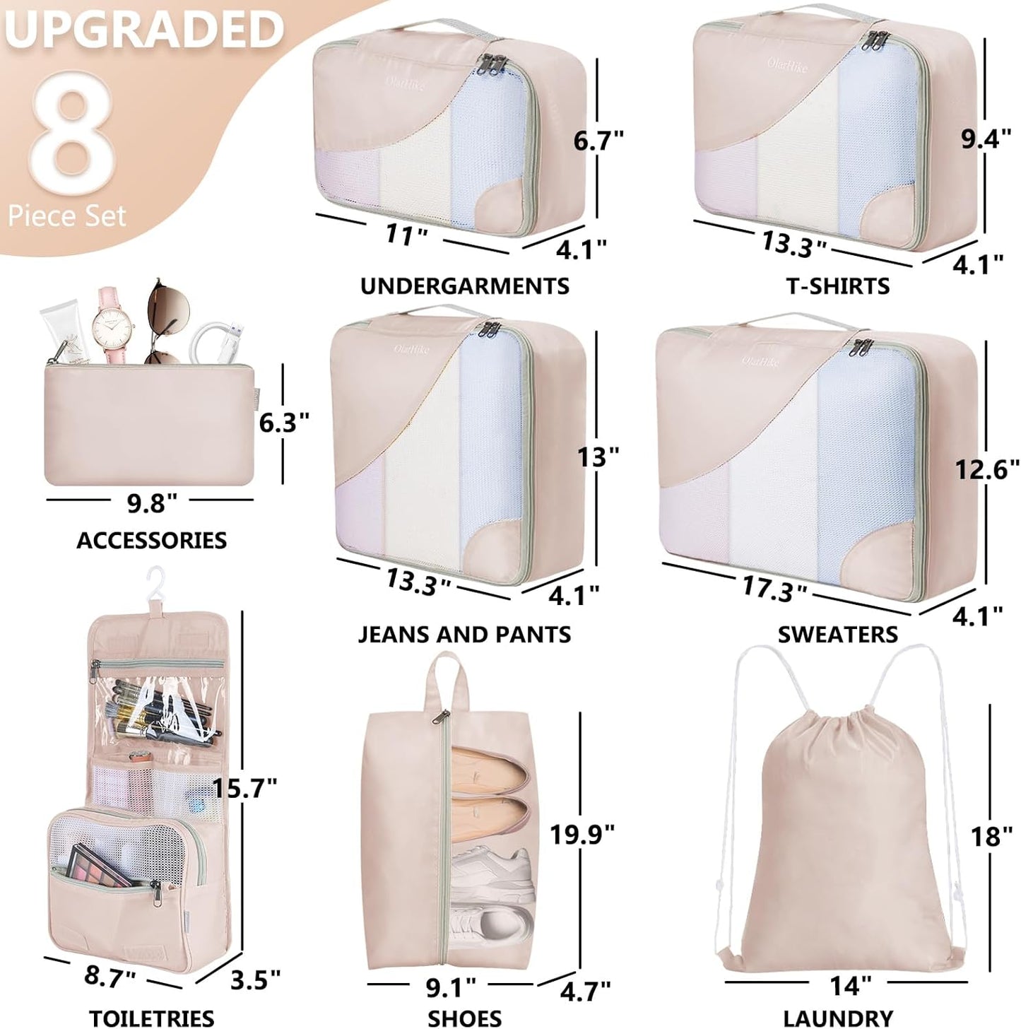 10 Set/8 Set Packing Cubes for Travel, Gifts for Women Mom,Anti-Tearing Suitcase Organizer for Luggage with Shoe & Hanging Toiletry Bag,OlarHike Vacation Essentials & Accessories for Cruise Ship,Cream - Roamly