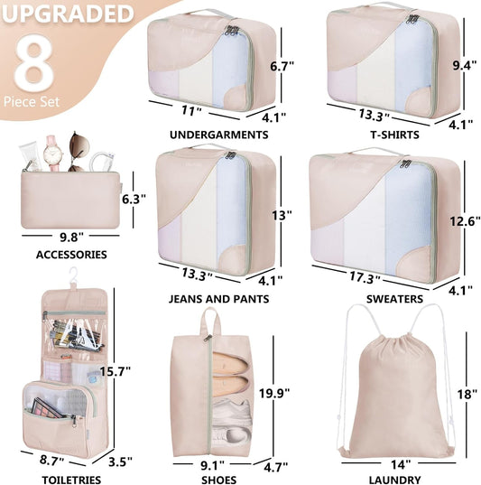 10 Set/8 Set Packing Cubes for Travel, Gifts for Women Mom,Anti-Tearing Suitcase Organizer for Luggage with Shoe & Hanging Toiletry Bag,OlarHike Vacation Essentials & Accessories for Cruise Ship,Cream - Roamly