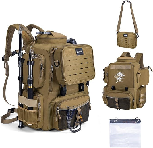 Goture Fishing Backpack, 900D Water-Resistant Tackle Backpack with Rod Holders, 58L Large Storage Gear Fishing Tackle Bag with Detachable Crossbody Bag,8 Lure Pockets,Bottle Holder for Camping Hiking