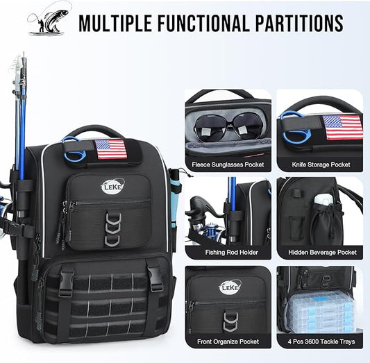 Lekesky Fishing Backpack with 4 Tackle Boxes, 40L Tackle Bag with Rod Holders, Tactical Storage Gear for Men, Black