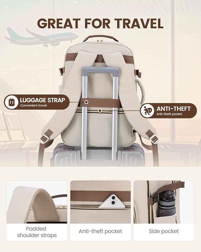 LOVEVOOK Travel Backpack for Women & Men 50L,Airline Approved Carry On Backpack Travel Essentials,TSA Carry on Luggage,Waterproof Personal Item Travel Bag,Suitcase with 3 Packing Cubes,Primary-Coffee