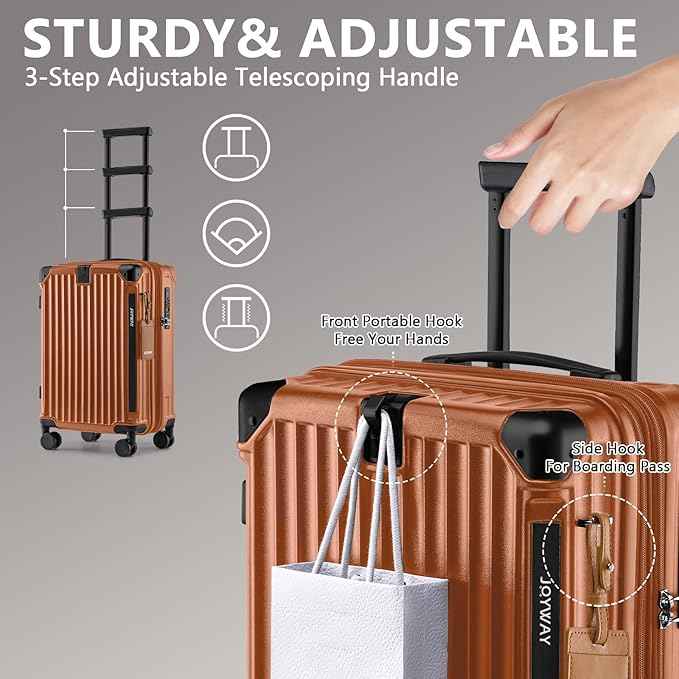 Joyway Carry On Luggage, Expandable Suitcase with Smart Cup Holder and USB Port, 20 IN Hardside Checked with TSA Lock Spinner Double Wheels (Brown, Carry-On 20-Inch)