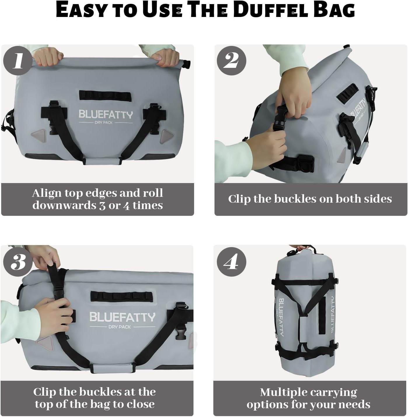 Waterproof Motorcycle Duffel Bag Roll Top Dry Duffel Bag with Quick-fixed Straps for Rafting, Boating, Kayaking, Travel, 50L(Grey) - Roamly