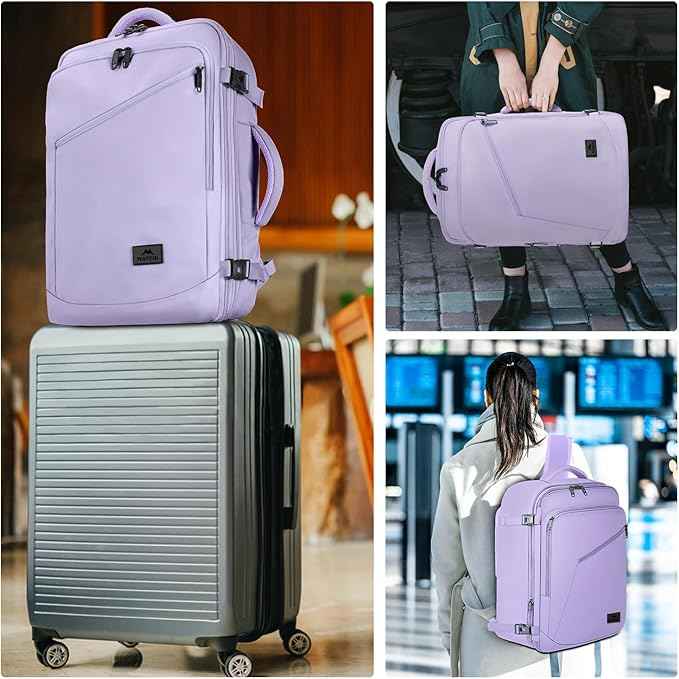 MATEIN Carry on Backpack for Women, 40L Heavy Duty Travel Backpack Airplane Approved, Expandable Simple Fashion Daypack, Frequent Traveler Gifts, Light Purple