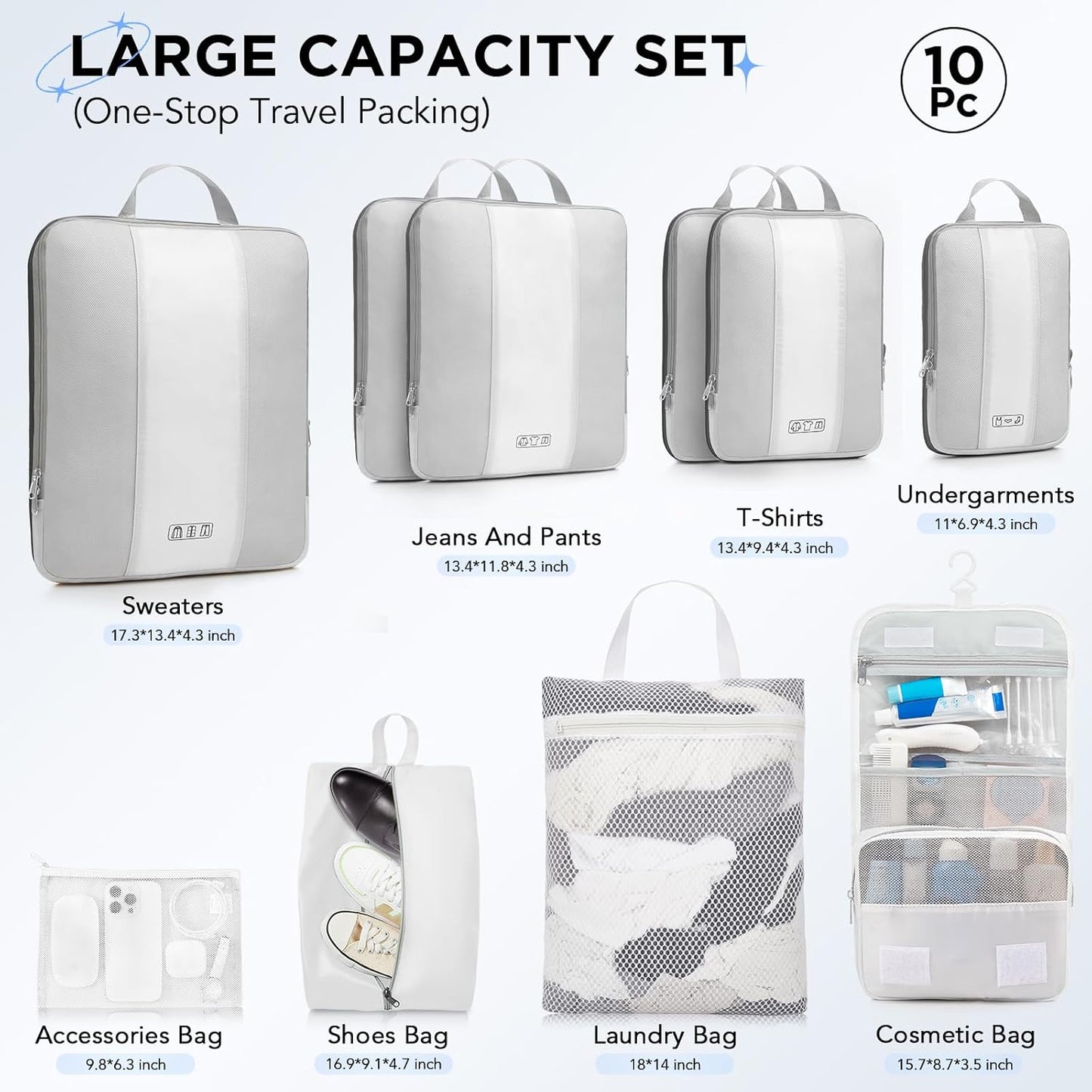 10 Set Compression Packing Cubes for Travel Essentials,Compressible Expandable Packing Cubes for Suitcase,OlarHike Luggage Organizer Bags for Travel,Handy Helper for Organizing Clothes(White) - Roamly
