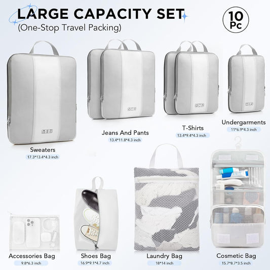 10 Set Compression Packing Cubes for Travel Essentials,Compressible Expandable Packing Cubes for Suitcase,OlarHike Luggage Organizer Bags for Travel,Handy Helper for Organizing Clothes(White) - Roamly