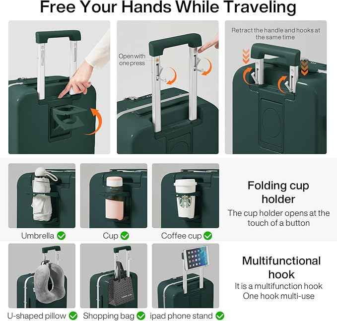 mixi Carry On Luggage with Cup Phone Holder and Charger Hard Shell Suitcases with Spinner Wheels,20 Inch Blackish Green