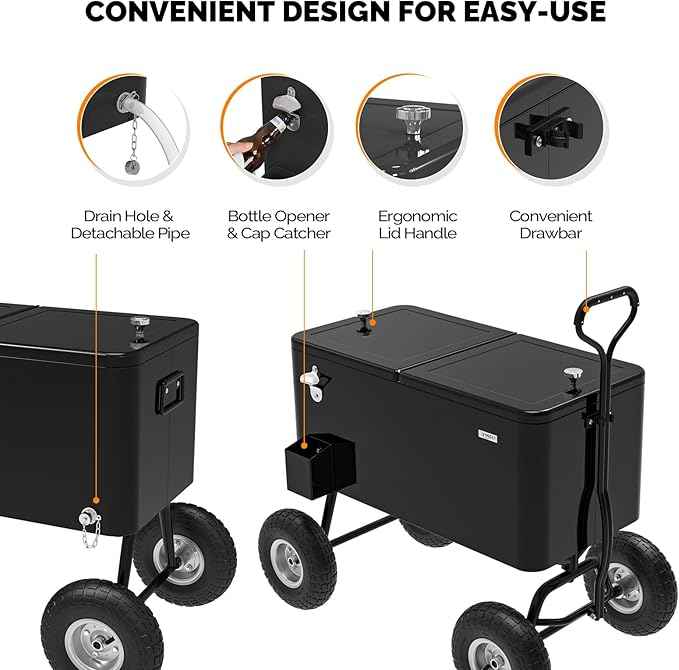 VINGLI 80 Quart Wagon Rolling Cooler Ice Chest, w/Long Handle and 10" Wheels, Portable Beach Patio Party Bar Cold Drink Beverage, Outdoor Park Cart on Wheels